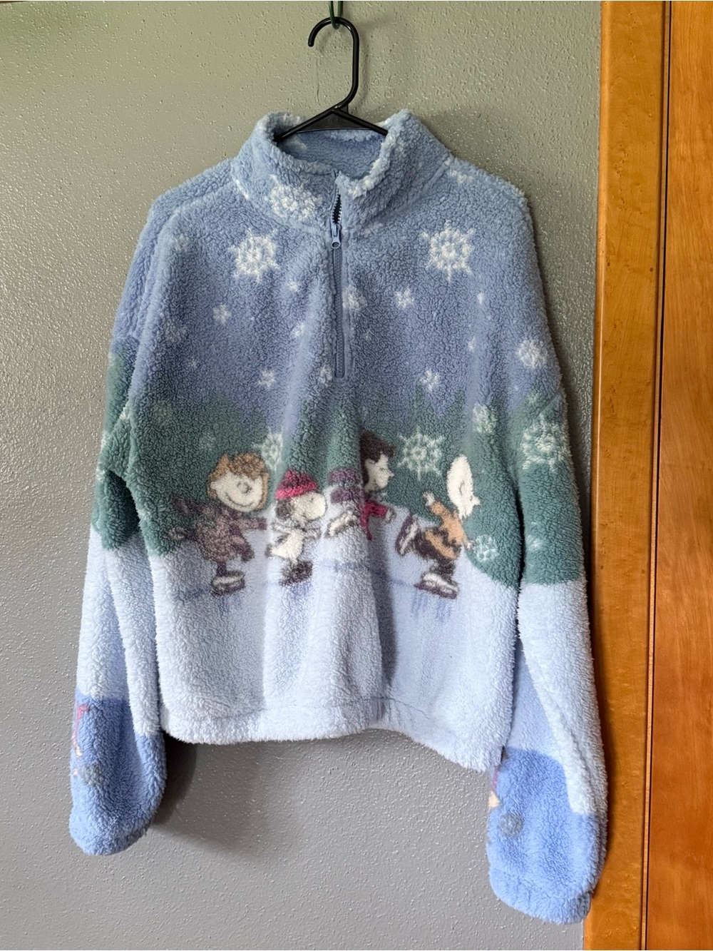 Peanuts Light Blue & Green Sherpa Half-Zip Jacket with Ice-Skating Characters